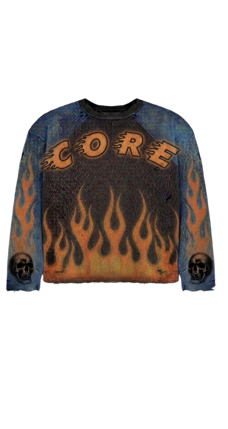 Front view of the flame knit with CORE lettering over orange flames and skull sleeves