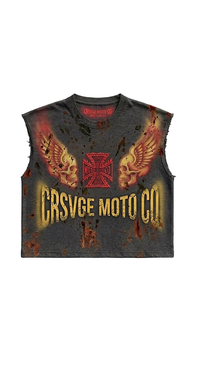 Front view of the Moto Co tank with winged skulls and iron cross crest
